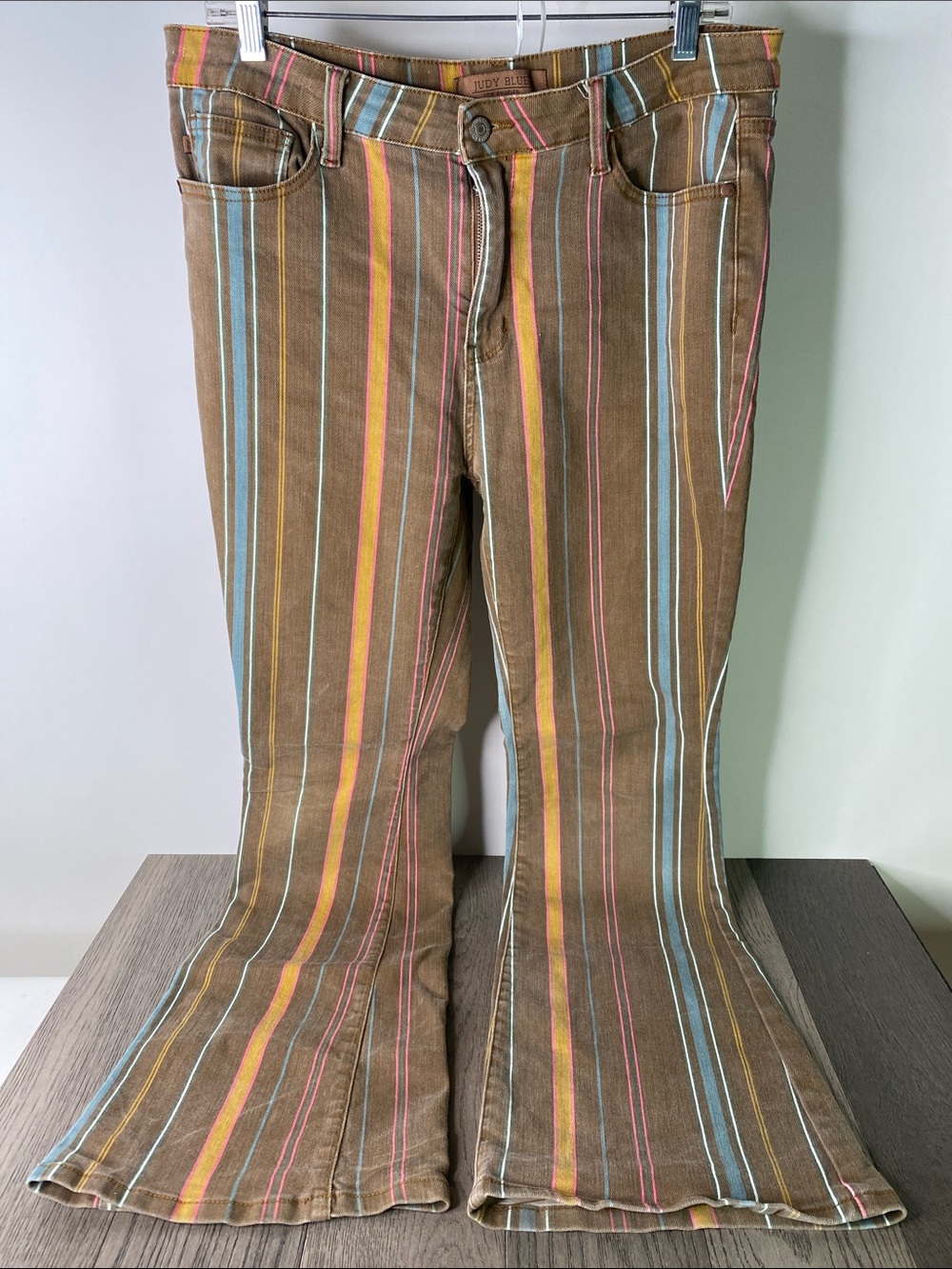 Judy Blue Brown Striped Bootcut Flare Pants  Yellow, Blue & Pink Stripes - 1478